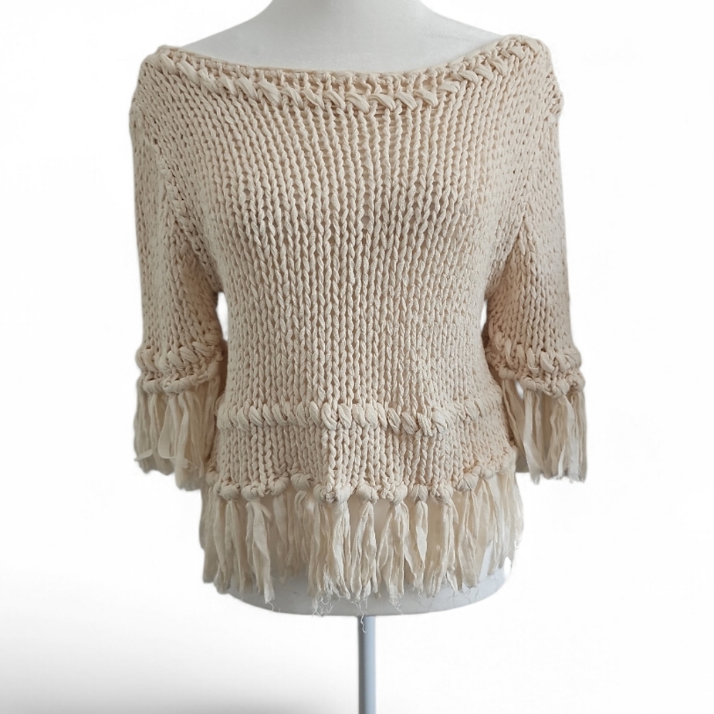 Free People Boho Coastal Cowgirl Knit ¾ Sleeve Cropped Fringe Blouse XS